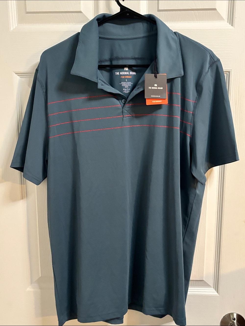 The Normal Brand Men's Slate Blue Polo with Red Stripe Accents